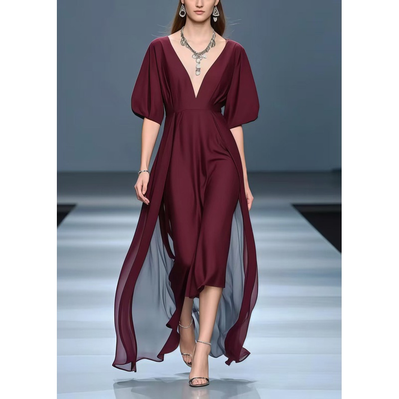 Women Mulberry Deep-V Neck Exra Large Hem Chiffon Vacation Dresses Summer