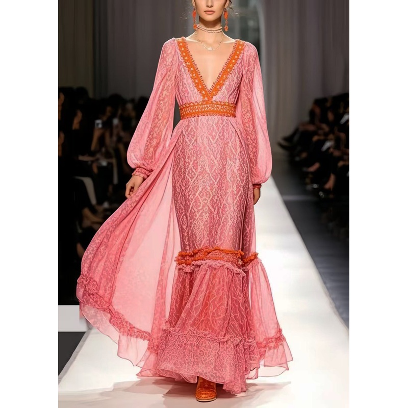 Women Pink Cinched Exra Large Hem Chiffon Party Dress Spring