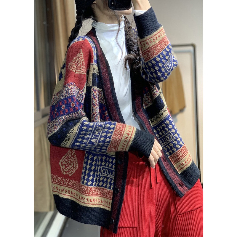 Women Red V Neck Print Button Knit Loose Cardigans Coat Fall