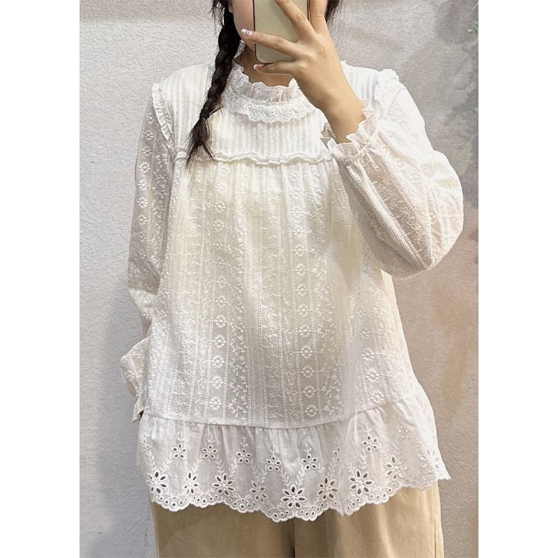 Women White Hollow Out Lace Patchwork Cotton Top Long Sleeve