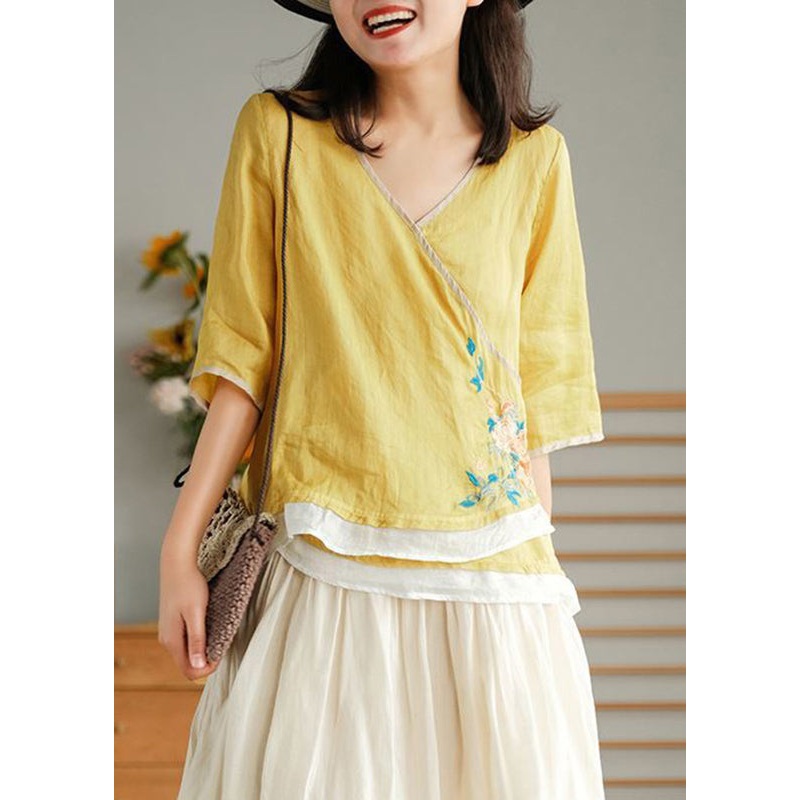 Women Yellow Embroidered Lace Up Linen T Shirt Half Sleeve