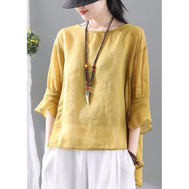 Yellow Ruffled Cotton T Shirt O Neck Half Sleeve
