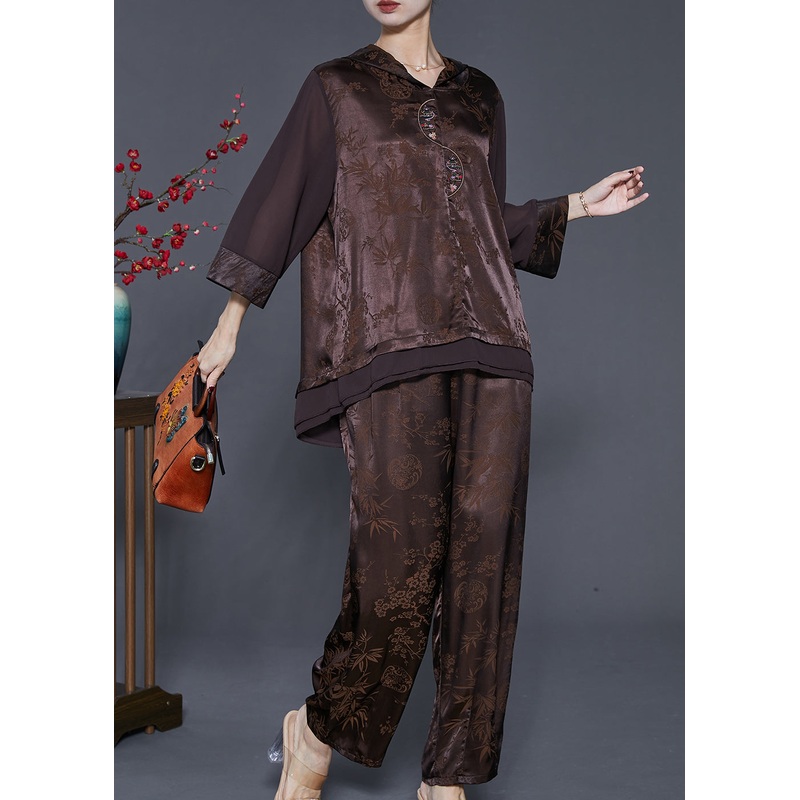 Art Chocolate Jacquard Oversized Patchwork Silk Women Sets 2 Pieces Spring