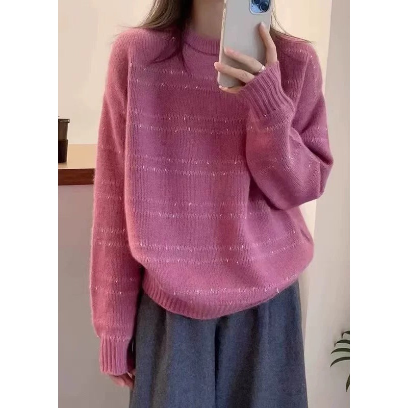 Art Pink O Neck Cozy Cotton Knit Sweater Fall