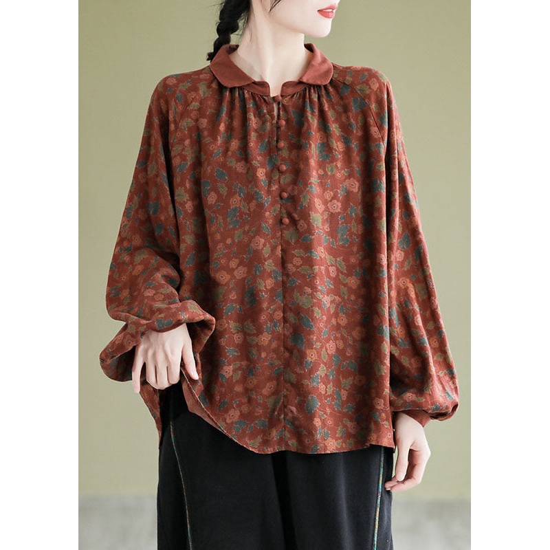 Art Red Peter Pan Collar Print Top Lantern Sleeve