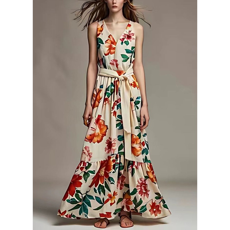 Beautiful Beige V Neck Print Tie Waist Cotton Long Dresses Sleeveless