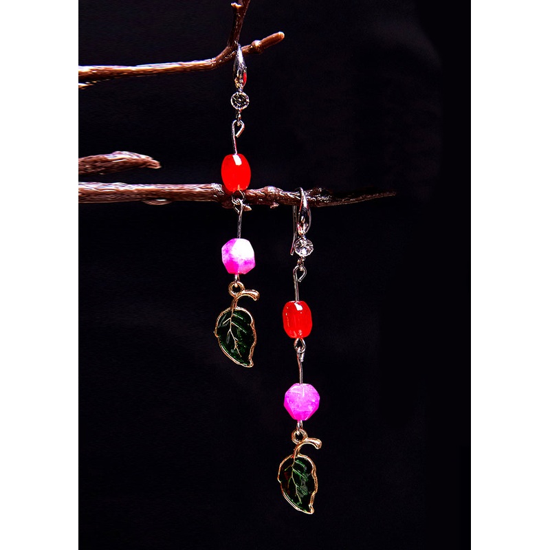 Beautiful Green Leaf Asymmetrical Jade Drop Earrings