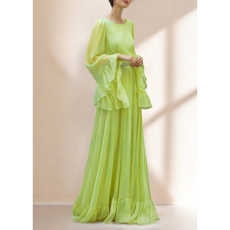 Beautiful Green Ruffled Patchwork Silk Dresses Spring