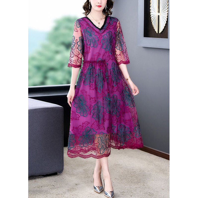 Beautiful Purple Embroideried Ruffled Tulle Dresses Half Sleeve