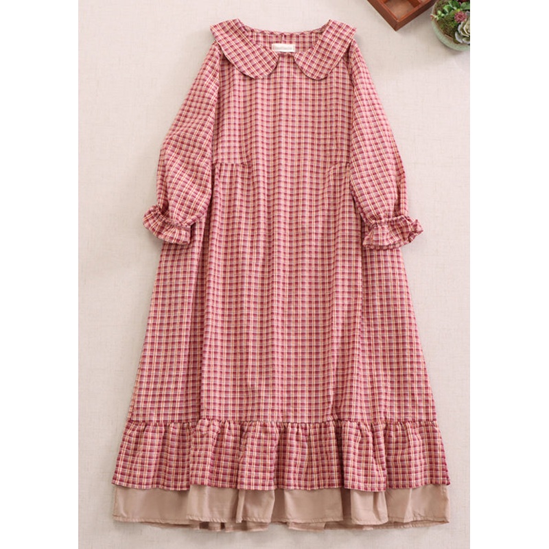 Beautiful Red Plaid Peter Pan Collar Ruffled Cotton Dresses Spring
