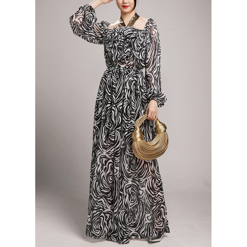 Black Square Collar Tie Lace Chiffon Jumpsuits Fall