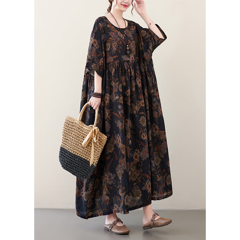 Blue Print Wrinkled Vacation Long Dresses Half Sleeve