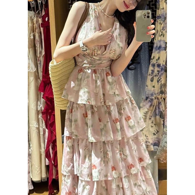 Bohemian Pink V Neck Print Chiffon Long Dresses Sleeveless