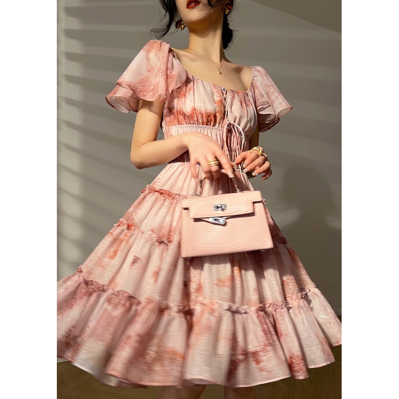 Bohemian Square Collar Print Chiffon Mid Dresses Short Sleeve