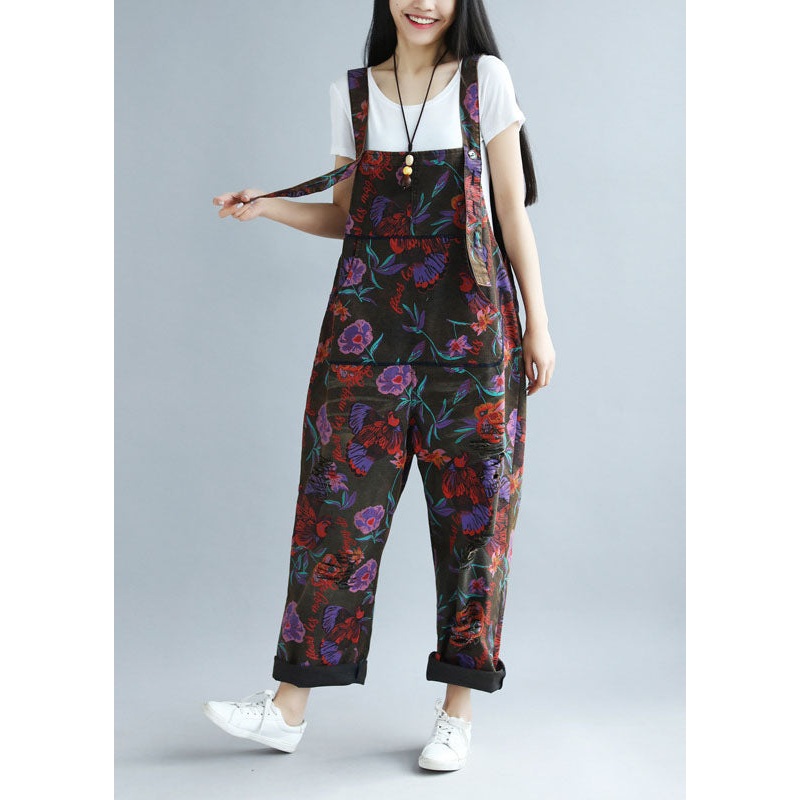 Boho Black Oversized Butterfly Print Ripped Cotton Overalls Jumpsuit Spring
