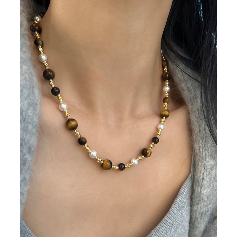 Boho Gold Pearl Cat’s eye Stone Gratuated Bead Necklace