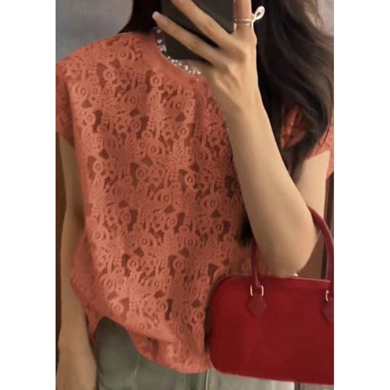 Boho Orange O Neck Hollow Out Lace T Shirt Summer