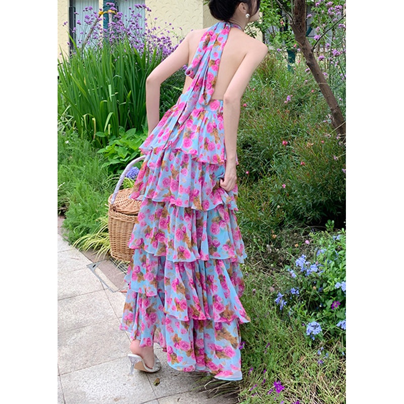 Boho Print Ruffled Halter Backless Beach Dress Summer