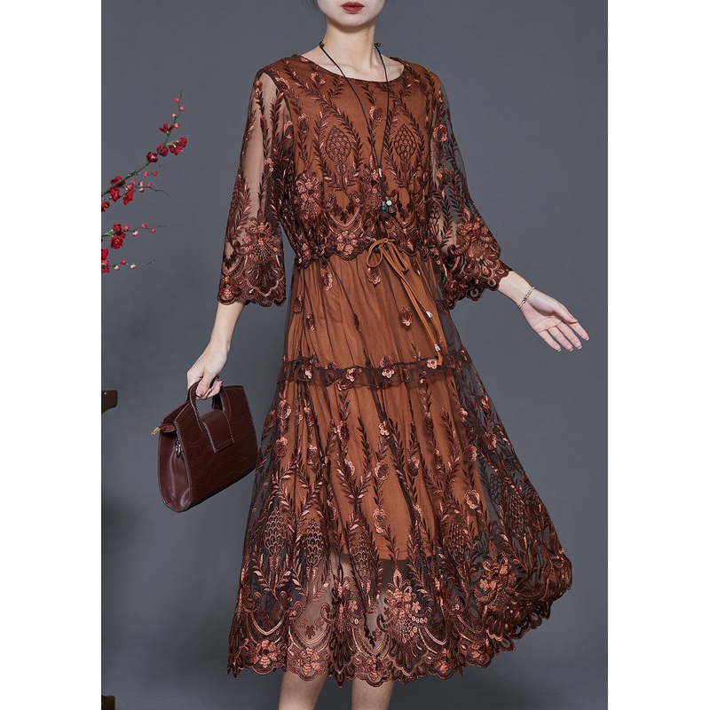 Brown Tulle Maxi Dresses Cinched Embroidered Summer