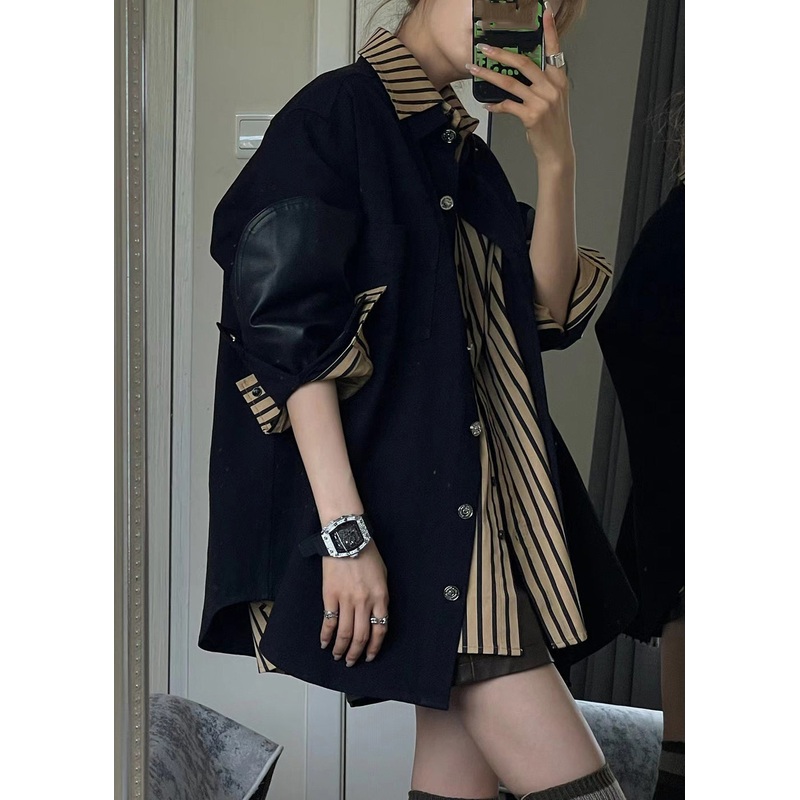 Casual Black Coats And Striped Shirts Two Piece Set Spring