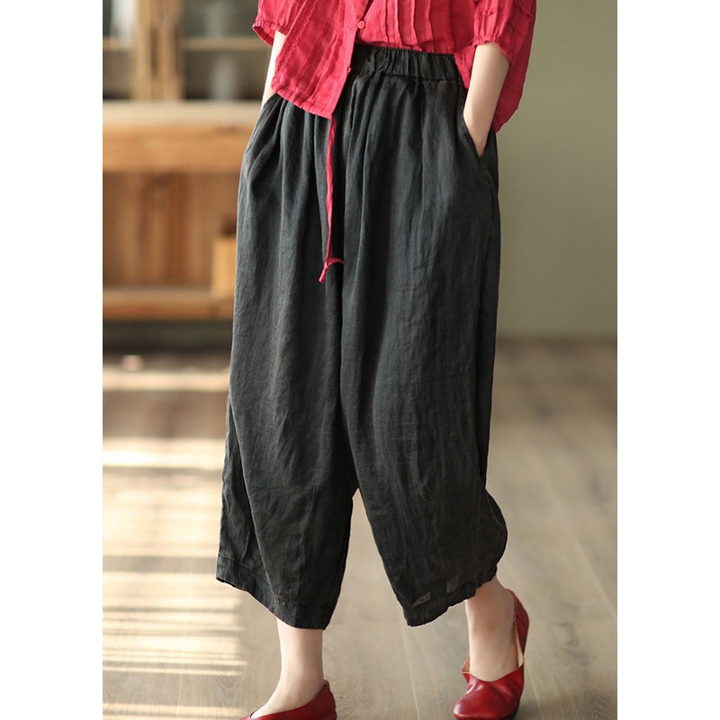 Casual Black Solid Pockets High Waist Linen Harem Pants