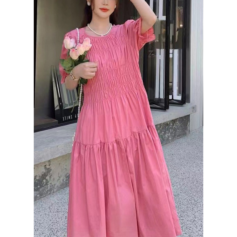 Chic Pink O Neck Puff Sleeve Wrinkled Patchwork Cotton Long Dress