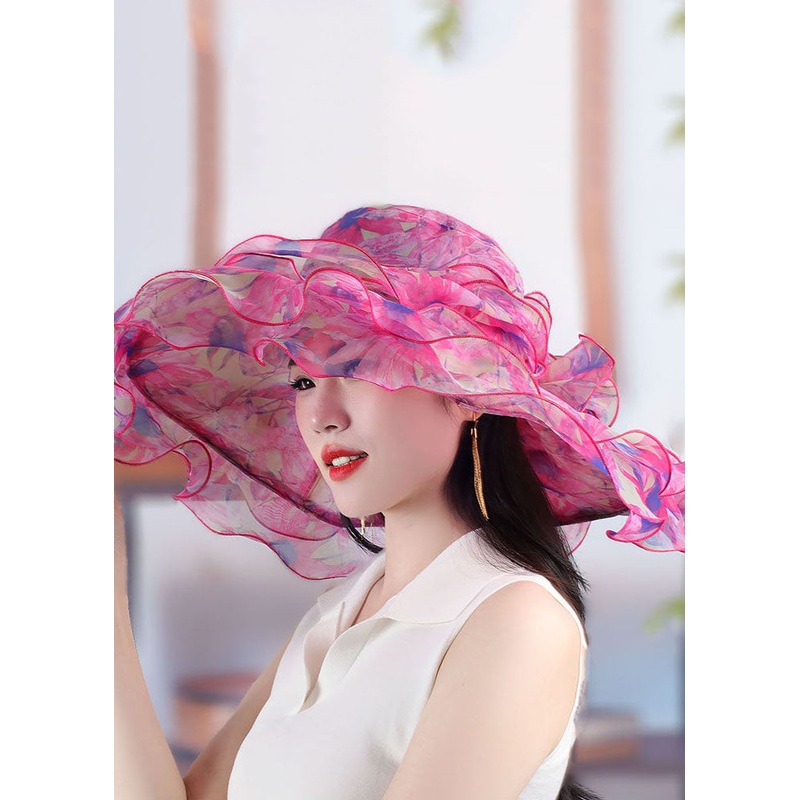 Chic Pink Print Organza Floppy Sun Hat