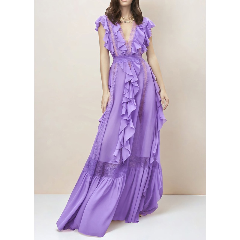 Chic Purple V Neck Ruffled Lace Patchwork Silk Ankle Dress Summer
