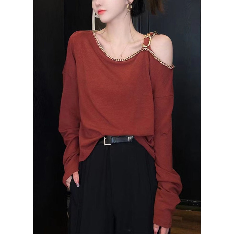 Chic Red Cold Shoulder Chain Linked Cotton Top Long Sleeve
