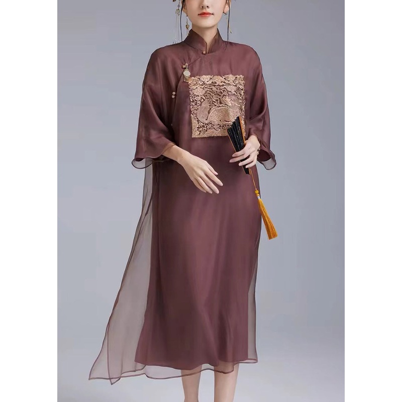 Chinese Style Dark Purple Embroidered Button Silk Dresses Spring