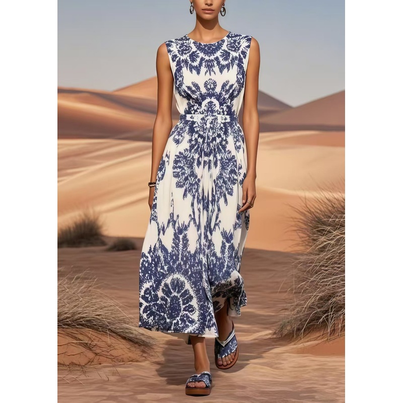 Classy Blue Print Cotton Long Dress Cinched Summer