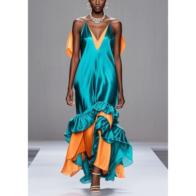 Classy Green Ruffled Patchwork Silk Cami Dress Summer