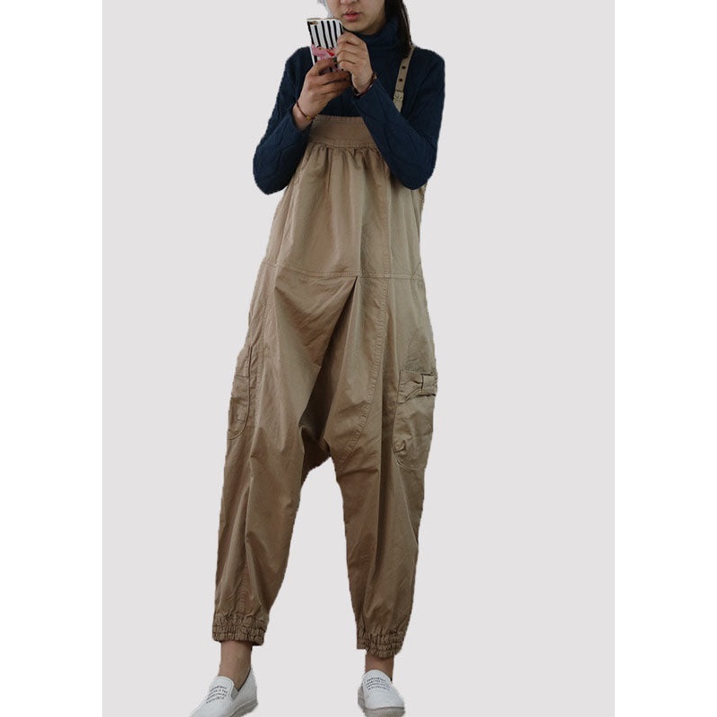 Classy Khaki Oversized Pockets Cotton Jumpsuits Spring