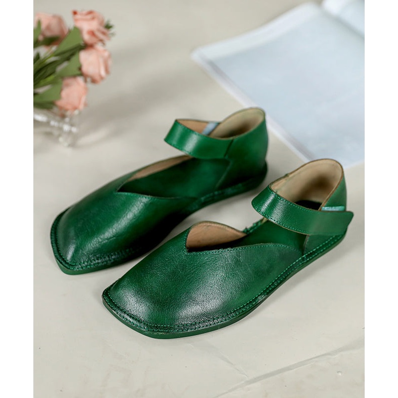 Comfy Green Flats Cowhide Leather Handmade Buckle Strap Flat Shoes