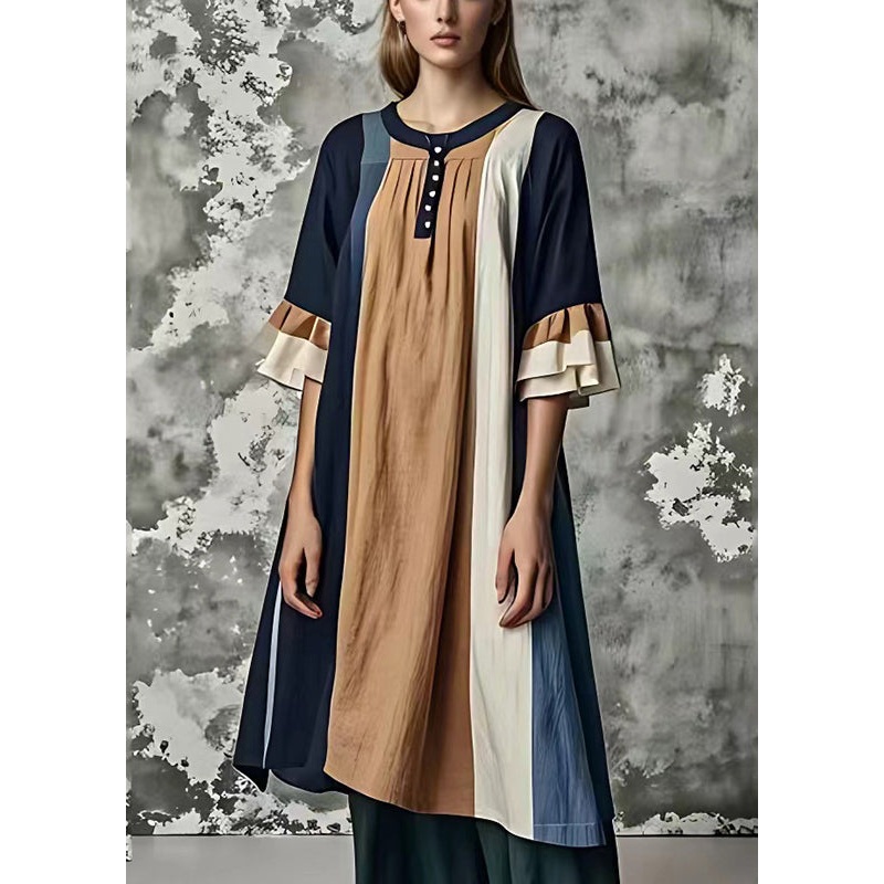 DIY Colorblock Oversized Patchwork Cotton Dresses Flare Sleeve