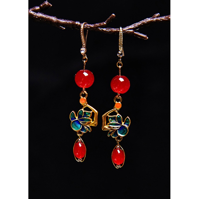 DIY Red Gem Stone Gilding Drop Earrings