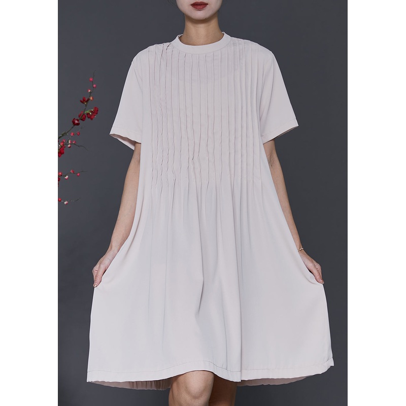 Elegant Apricot O-Neck Wrinkled Cotton Dresses Summer