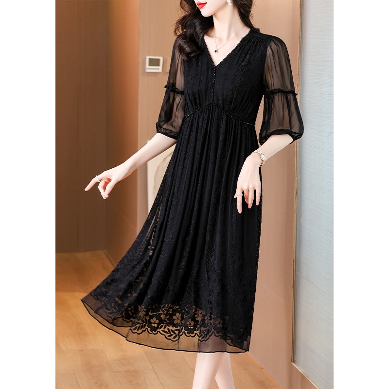 Elegant Black V Neck Embroidered Wrinkled Silk Dress Summer