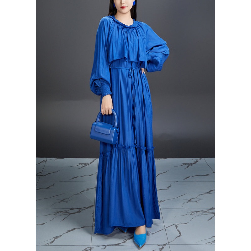 Elegant Blue Ruffled Tie Waist Cotton Maxi Dress Fall