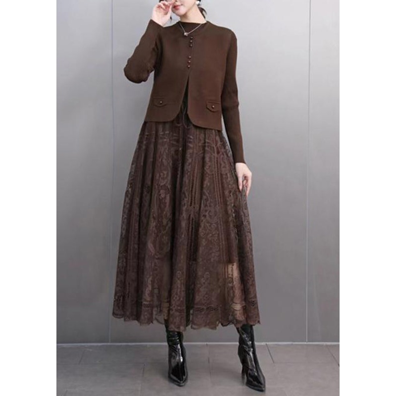 Elegant Coffee O-Neck Waistcoat And Lace Maxi Skirts Two Pieces Set Spring