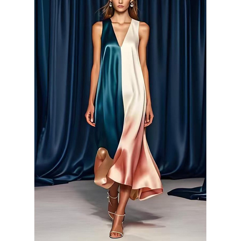 Elegant Colorblock V Neck Patchwork Silk Tea Dress Summer