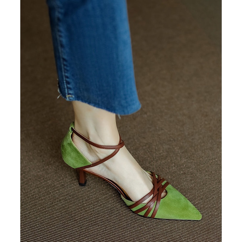 Elegant Green Suede High Heel Sandals Cross Strap