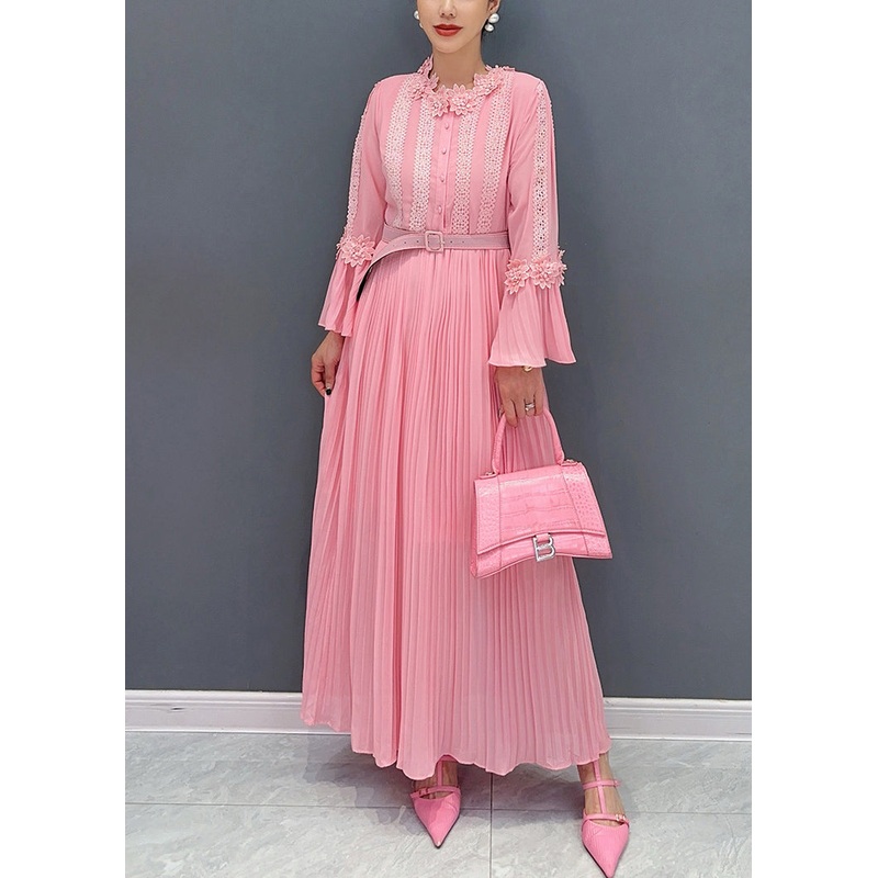Elegant Pink Wrinkled Lace Patchwork Maxi Dress Flare Sleeve