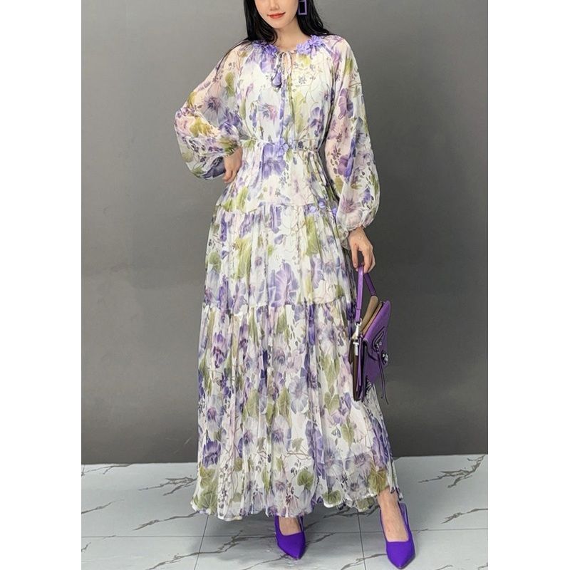 Elegant Purple Lace Up Print Chiffon Fall Long Dress