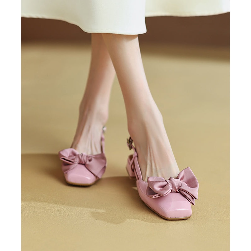 Elegant Splicing Bow Chunky Sandals Pink Cowhide Leather