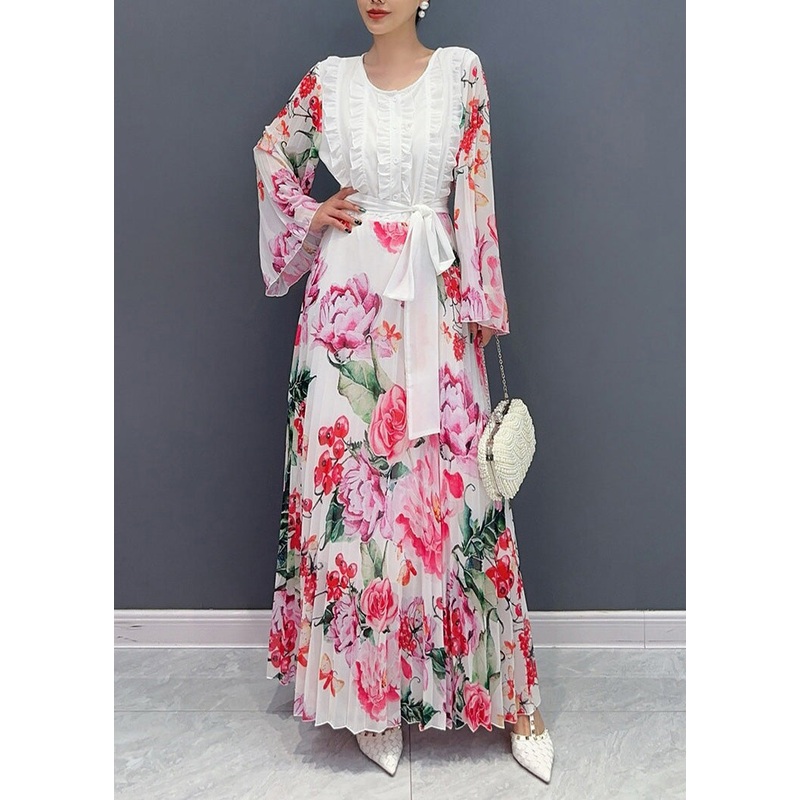 Fashion White O-Neck Ruffled Patchwork Tie Waist Chiffon Long Dress Long Sleeve