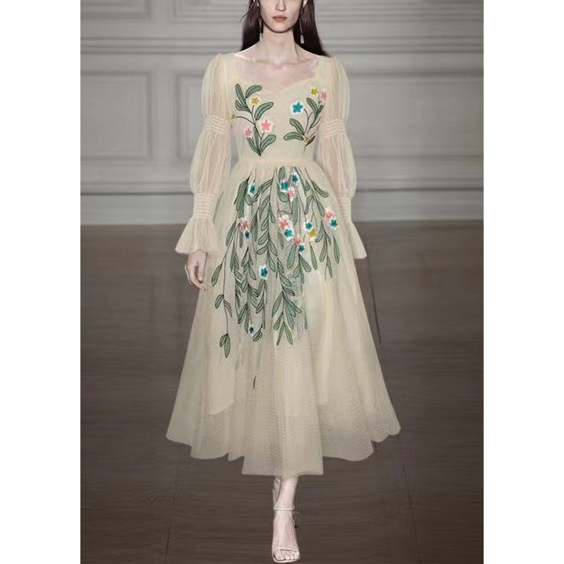 Fine Apricot Square Collar Embroidered Patchwork Tulle Dress Long Sleeve