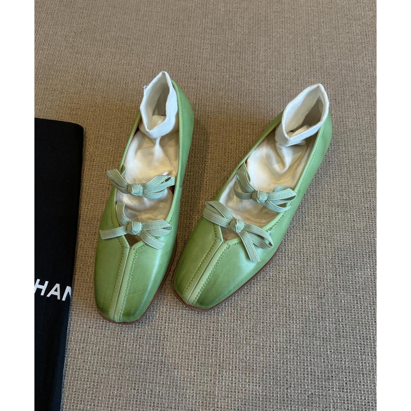 Fine Bow Splicing Comfy Flats Green Sheepskin