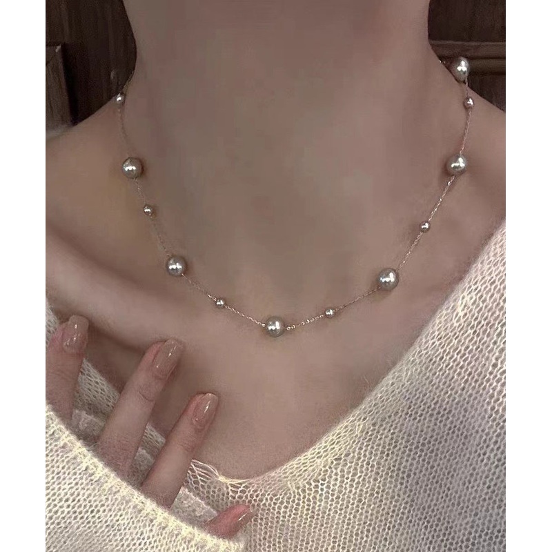 Fine Grey Stainless Steel Pearl Tasse Lariat Necklace