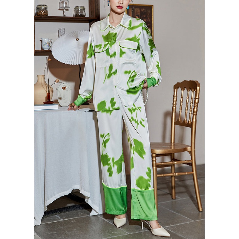 Fitted Green Peter Pan Collar Print Button Ice Silk Two Pieces Set Spring